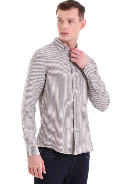 Kahverengi Comfort Fit Çizgili 100% Keten Düğmeli Yaka Uzun Kollu Casual Gömlek fırsatları