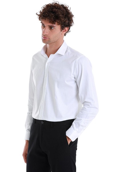 Beyaz Slim Fit 100% Pamuk Açık Italyan Yaka Uzun Kollu Saten Gömlek modelleri