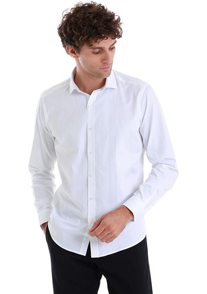Beyaz Slim Fit 100% Pamuk Açık Italyan Yaka Uzun Kollu Saten Gömlek indirimleri