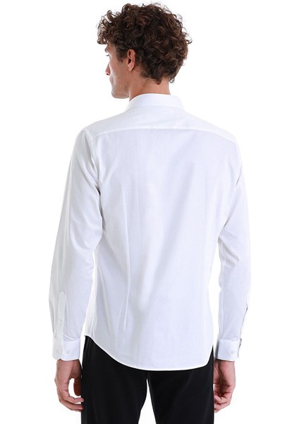 Beyaz Slim Fit 100% Pamuk Açık Italyan Yaka Uzun Kollu Saten Gömlek