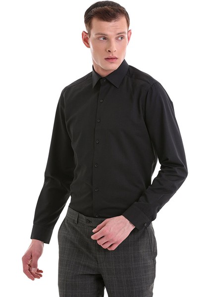 Siyah Slim Fit Desenli Pamuklu Slim Yaka Uzun Kollu Klasik Gömlek modelleri