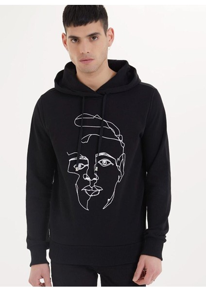 Siyah Baskılı Kapüşonlu Pamuk Regular Fit Erkek Sweatshirt Portraıt Hoodıe