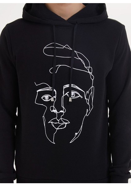 Siyah Baskılı Kapüşonlu Pamuk Regular Fit Erkek Sweatshirt Portraıt Hoodıe modelleri