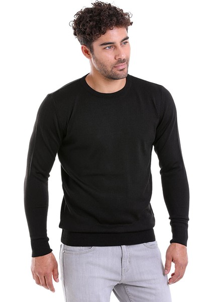 Siyah Comfort Fit Düz Bisiklet Yaka Yünlü Kazak fiyatları