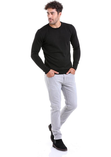 Siyah Comfort Fit Düz Bisiklet Yaka Yünlü Kazak indirimleri