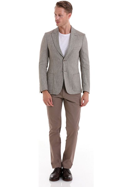 Kahverengi Comfort Fit Desenli Sivri Yaka Casual Keten Ceket fiyatları
