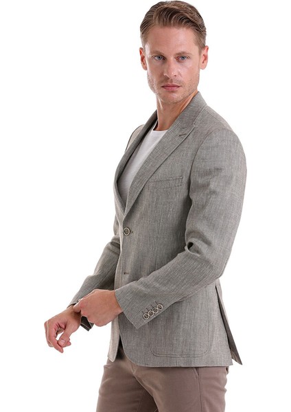 Kahverengi Comfort Fit Desenli Sivri Yaka Casual Keten Ceket modelleri