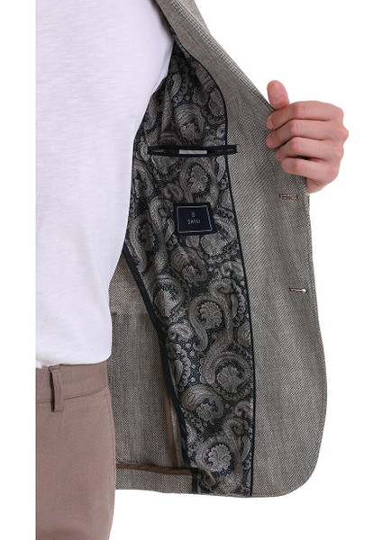 Kahverengi Comfort Fit Desenli Sivri Yaka Casual Keten Ceket