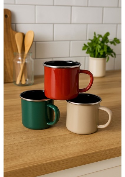 Emaye Kamp Kupası 3'lü Set Kırmızı Yeşil Bej Renk Emaye Malzeme Desensiz