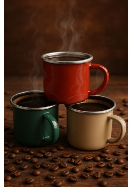 Emaye Kamp Kupası 3'lü Set Kırmızı Yeşil Bej Renk Emaye Malzeme Desensiz modelleri