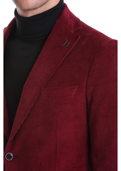 Bordo Slim Fit Düz Mono Yaka Pamuklu Kadife Ceket