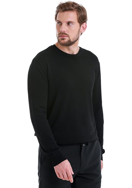 Siyah Regular Fit Düz Bisiklet Yaka Rayon Kazak