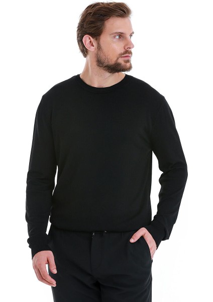 Siyah Regular Fit Düz Bisiklet Yaka Rayon Kazak