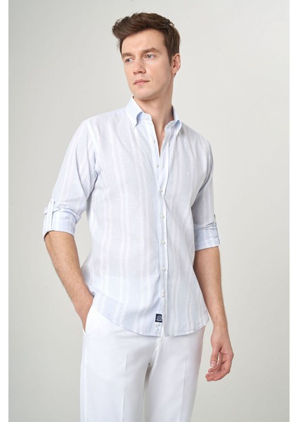 Erkek Regular Fit Uzun Kollu Çizgili Gömlek Mavi GM22Y221131_C35