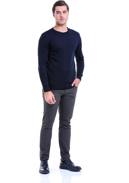 Lacivert Comfort Fit Düz Bisiklet Yaka Yünlü Kazak