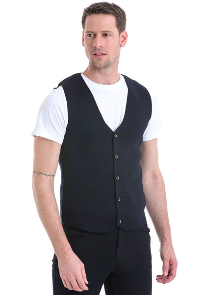 Lacivert Regular Fit Düz V Yaka Triko Yelek