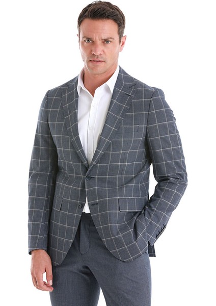 Lacivert Slim Fit Çizgili Mono Yaka Takım Elbise