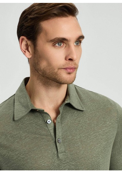 Saf Keten Haki Polo Yaka T-Shirt fırsatları