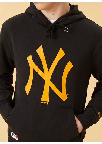 Kapüşonlu Normal Kalıp Düz Siyah Erkek Sweatshirt - Mlb Seasonal Team Logo Hdy Neyyan