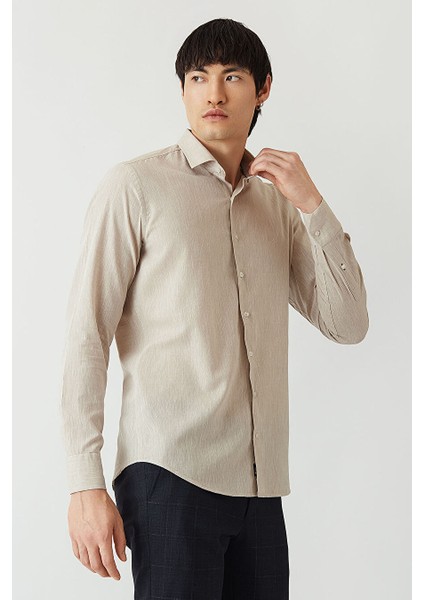 Erkek Regular Fit Uzun Kollu Spor Gömlek Bej GM22Y221044_D07