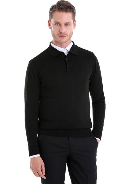 Siyah Comfort Fit Düz Polo Yaka Yünlü Kazak