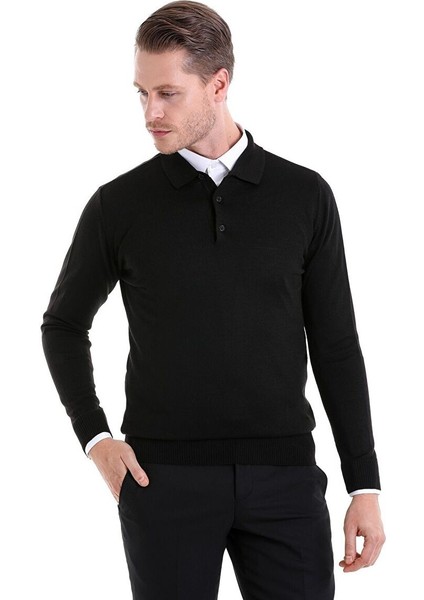 Siyah Comfort Fit Düz Polo Yaka Yünlü Kazak fiyatları