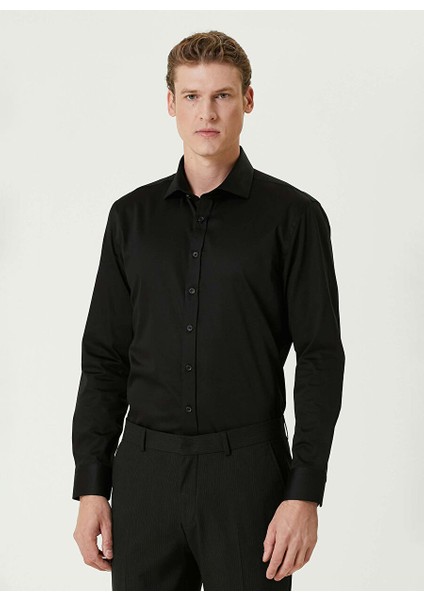 Siyah Erkek Gömlek Slim Fit Düz Gömlek 1092990