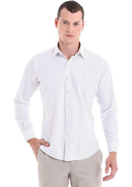 Yeşil Slim Fit Baskılı Pamuklu Slim Yaka Uzun Kollu Klasik Gömlek