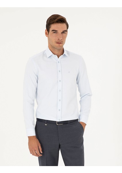 Açık Mavi Slim Fit Armürlü Uzun Kollu Gömlek