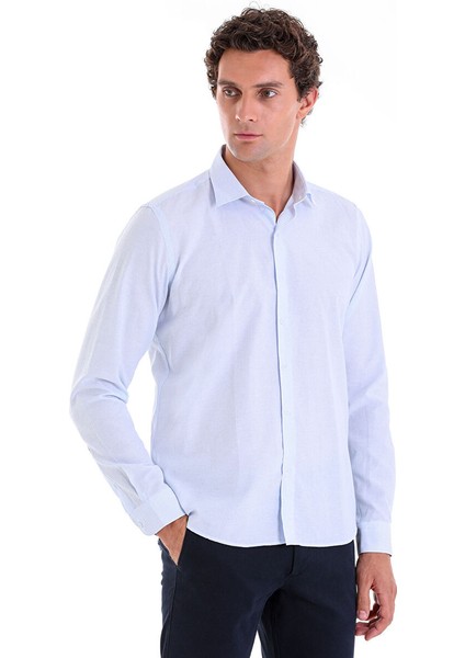 Mavi Comfort Fit Çizgili Pamuklu Slim Yaka Uzun Kollu Casual Gömlek