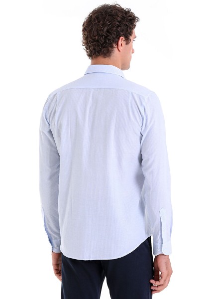 Mavi Comfort Fit Çizgili Pamuklu Slim Yaka Uzun Kollu Casual Gömlek