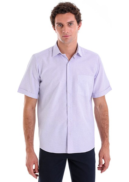 Lila Comfort Fit Kareli Pamuklu Slim Yaka Kısa Kollu Klasik Gömlek