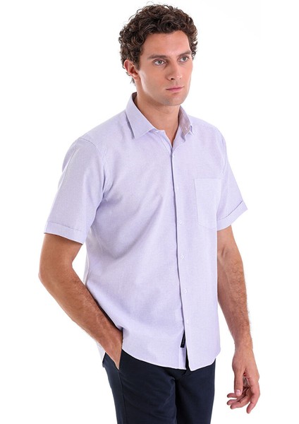 Lila Comfort Fit Kareli Pamuklu Slim Yaka Kısa Kollu Klasik Gömlek modelleri