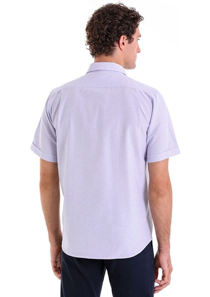 Lila Comfort Fit Kareli Pamuklu Slim Yaka Kısa Kollu Klasik Gömlek