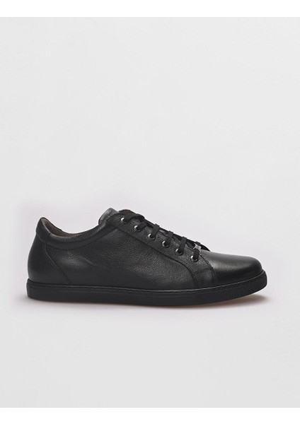 Hakiki Deri Siyah Bağcıklı Erkek Sneaker Ayakkabı