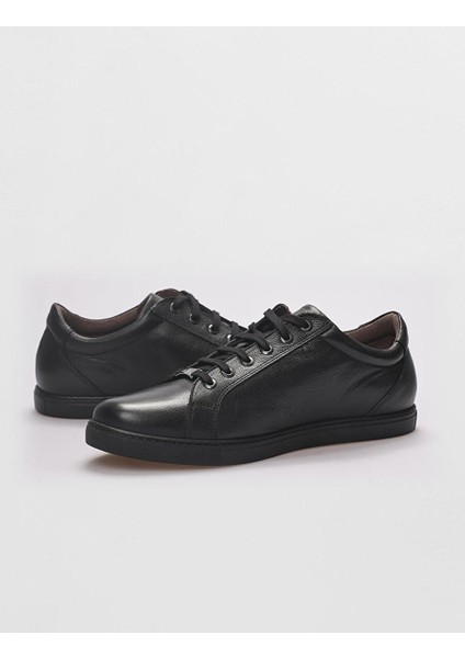 Hakiki Deri Siyah Bağcıklı Erkek Sneaker Ayakkabı