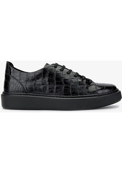 Erkek Hakiki Deri Siyah Kroko Sneakers
