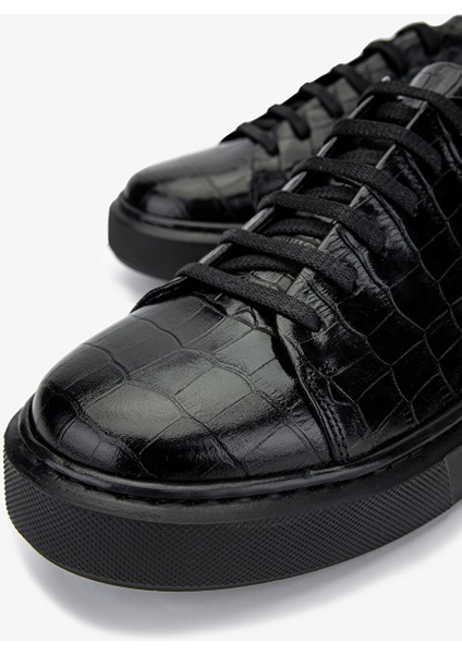 Erkek Hakiki Deri Siyah Kroko Sneakers
