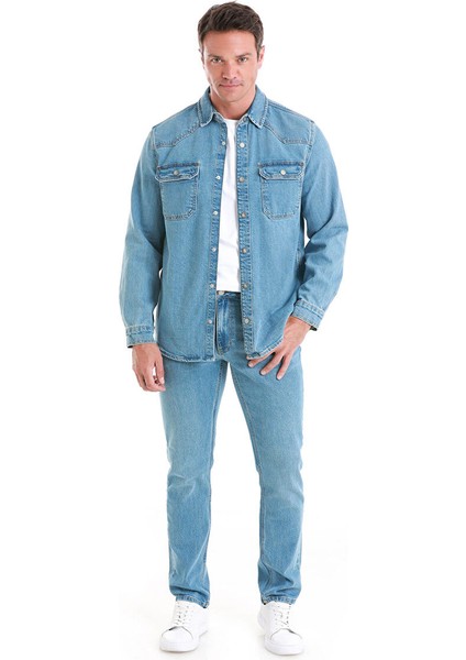 Mavi Comfort Fit Düz 100% Pamuk Slim Yaka Uzun Kollu Kot Gömlek