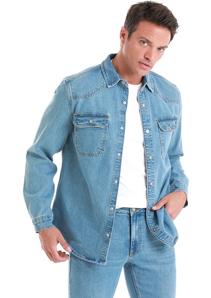 Mavi Comfort Fit Düz 100% Pamuk Slim Yaka Uzun Kollu Kot Gömlek