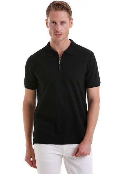Siyah Regular Fit Desenli Pamuklu Polo Yaka Tişört