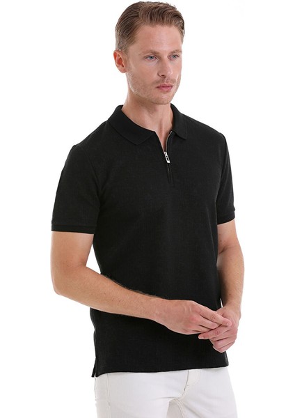 Siyah Regular Fit Desenli Pamuklu Polo Yaka Tişört modelleri