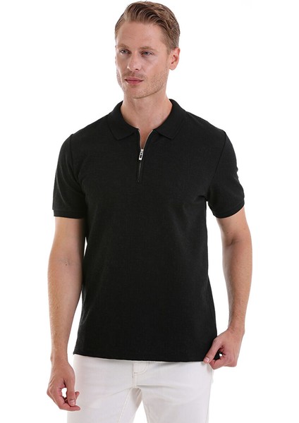 Siyah Regular Fit Desenli Pamuklu Polo Yaka Tişört fırsatları