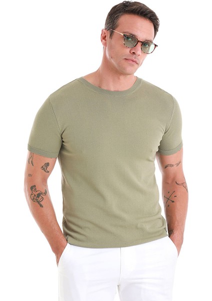 Yeşil Regular Fit Düz Bisiklet Yaka Rayon Triko Tişört