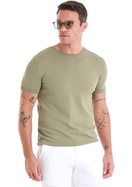 Yeşil Regular Fit Düz Bisiklet Yaka Rayon Triko Tişört