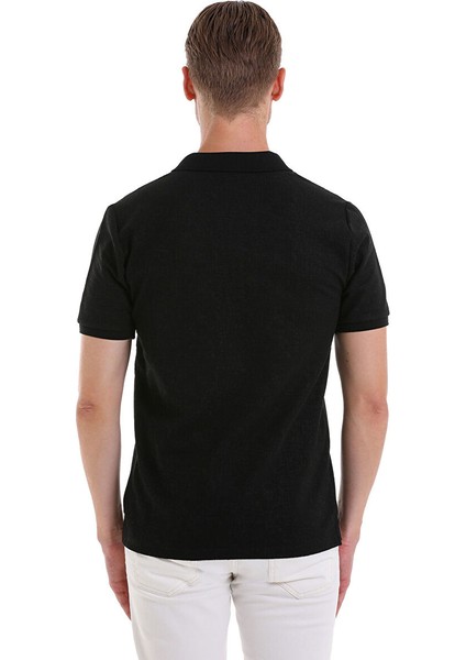 Siyah Regular Fit Desenli Pamuklu Polo Yaka Tişört