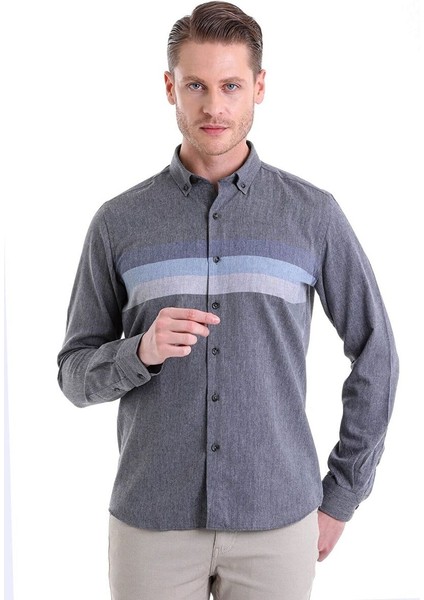 Lacivert Comfort Fit Düz Düğmeli Yaka Uzun Kollu Casual Flanel Gömlek
