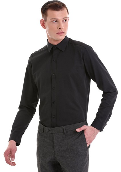 Siyah Slim Fit Desenli Pamuklu Slim Yaka Uzun Kollu Klasik Gömlek modelleri