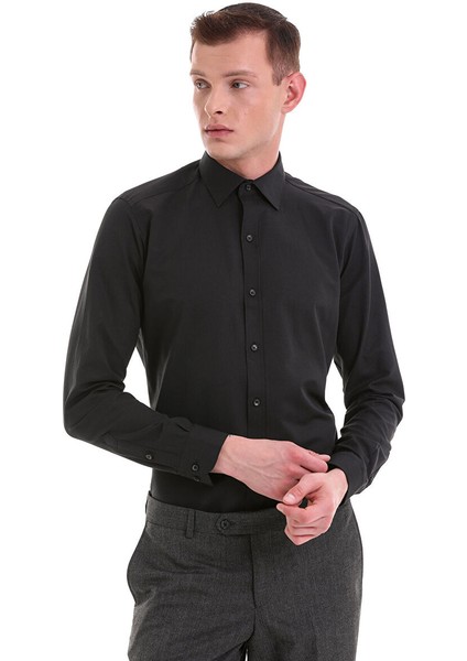 Siyah Slim Fit Desenli Pamuklu Slim Yaka Uzun Kollu Klasik Gömlek fırsatları