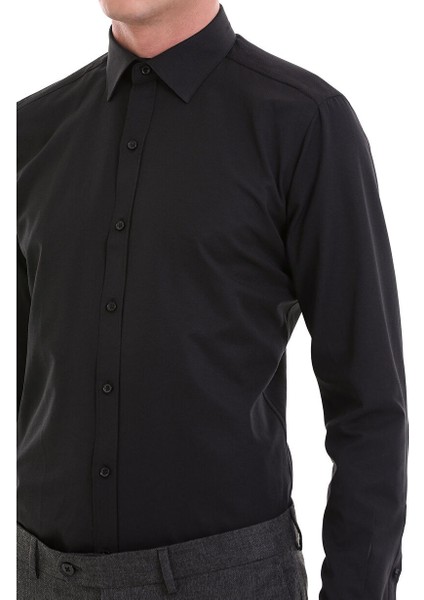 Siyah Slim Fit Desenli Pamuklu Slim Yaka Uzun Kollu Klasik Gömlek indirimleri